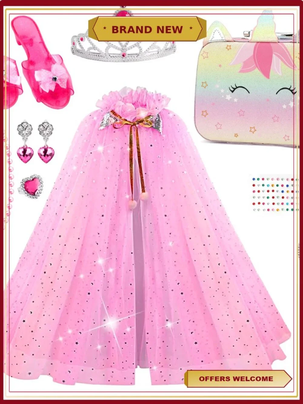 Princess Dress Up Set 11 Pcs Costume with Bag Jewelry Shoes Role Play Gift